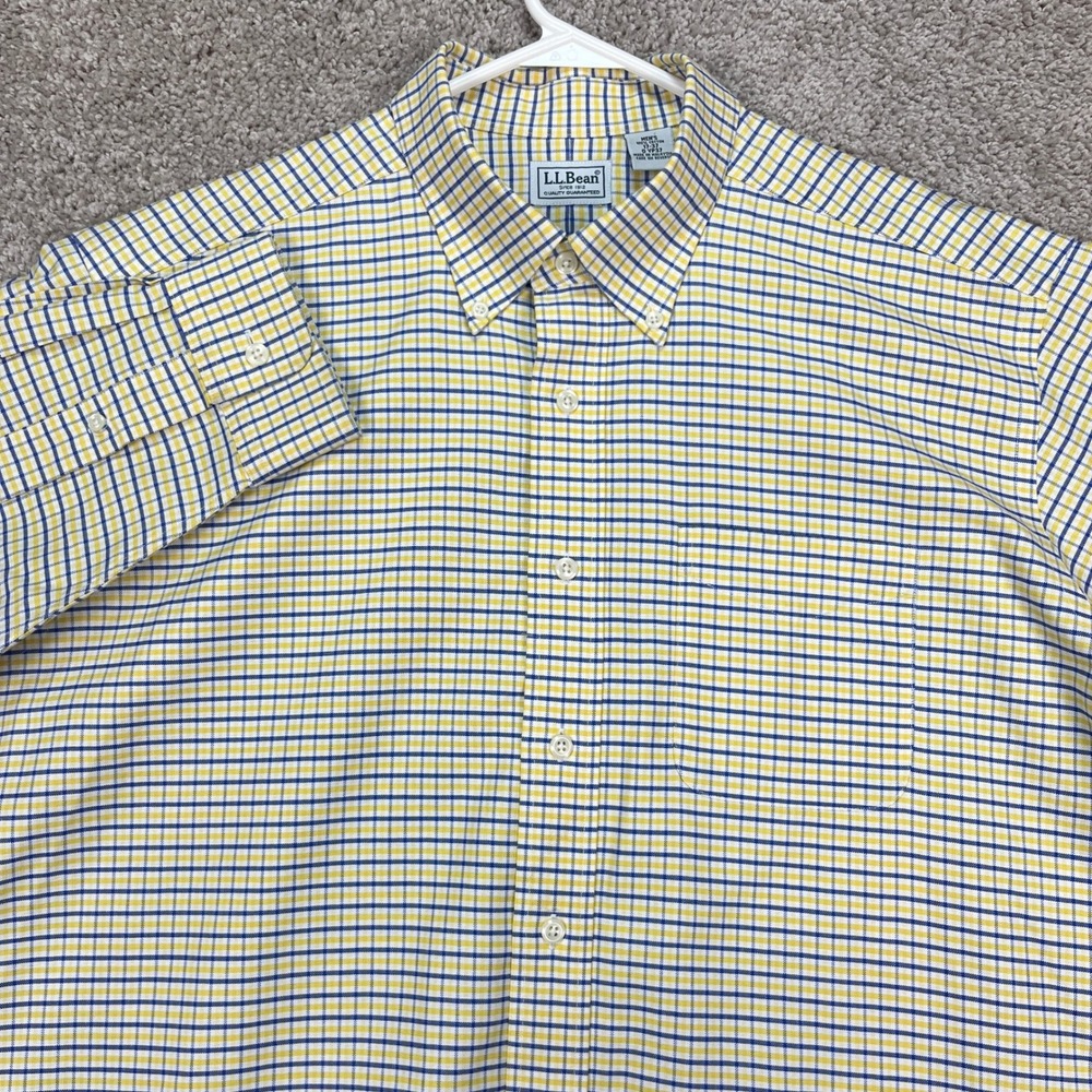 L.L.Bean Mens Button Down Shirt 17 37‎ Yellow Blue Plaid Long Sleeve Casual